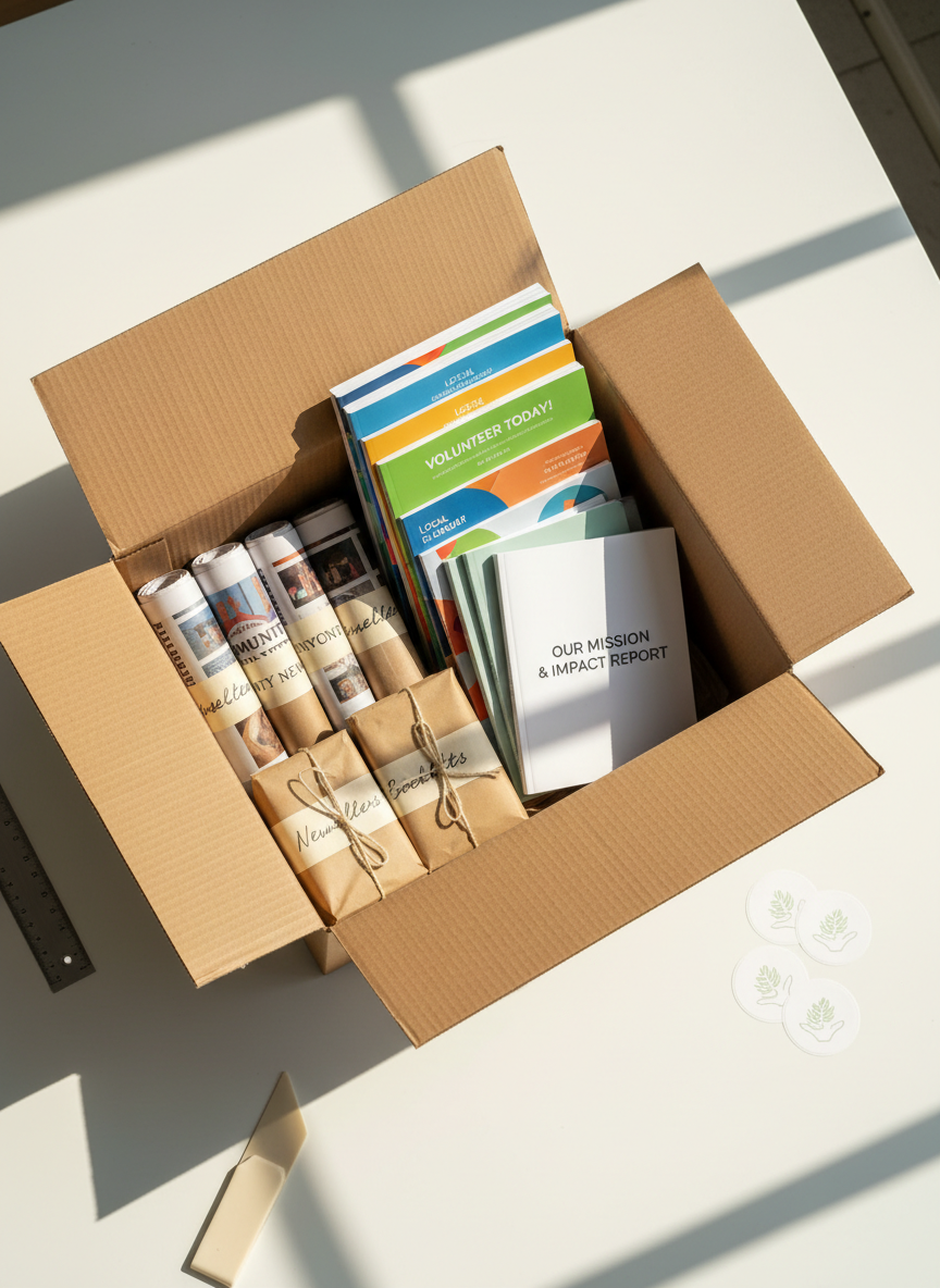 An overhead view of a carefully packed shipping box on a smooth, white workbench, filled with printed materials for a community organization: bundled newsletters, a stack of colorful flyers, and a small run of saddle-stitched booklets, all wrapped in brown kraft paper and secured with simple paper labels. Custom-printed stickers with a subtle logo sit nearby, ready to seal the package. Soft, natural daylight from the right casts gentle, elongated shadows and a calm, reassuring glow over the scene. The composition follows the rule of thirds, with the box slightly off-center and surrounding tools—such as a metal ruler and bone folder—partially visible at the frame edges. The mood is caring, attentive, and mission-focused, rendered in clean, photographic realism.