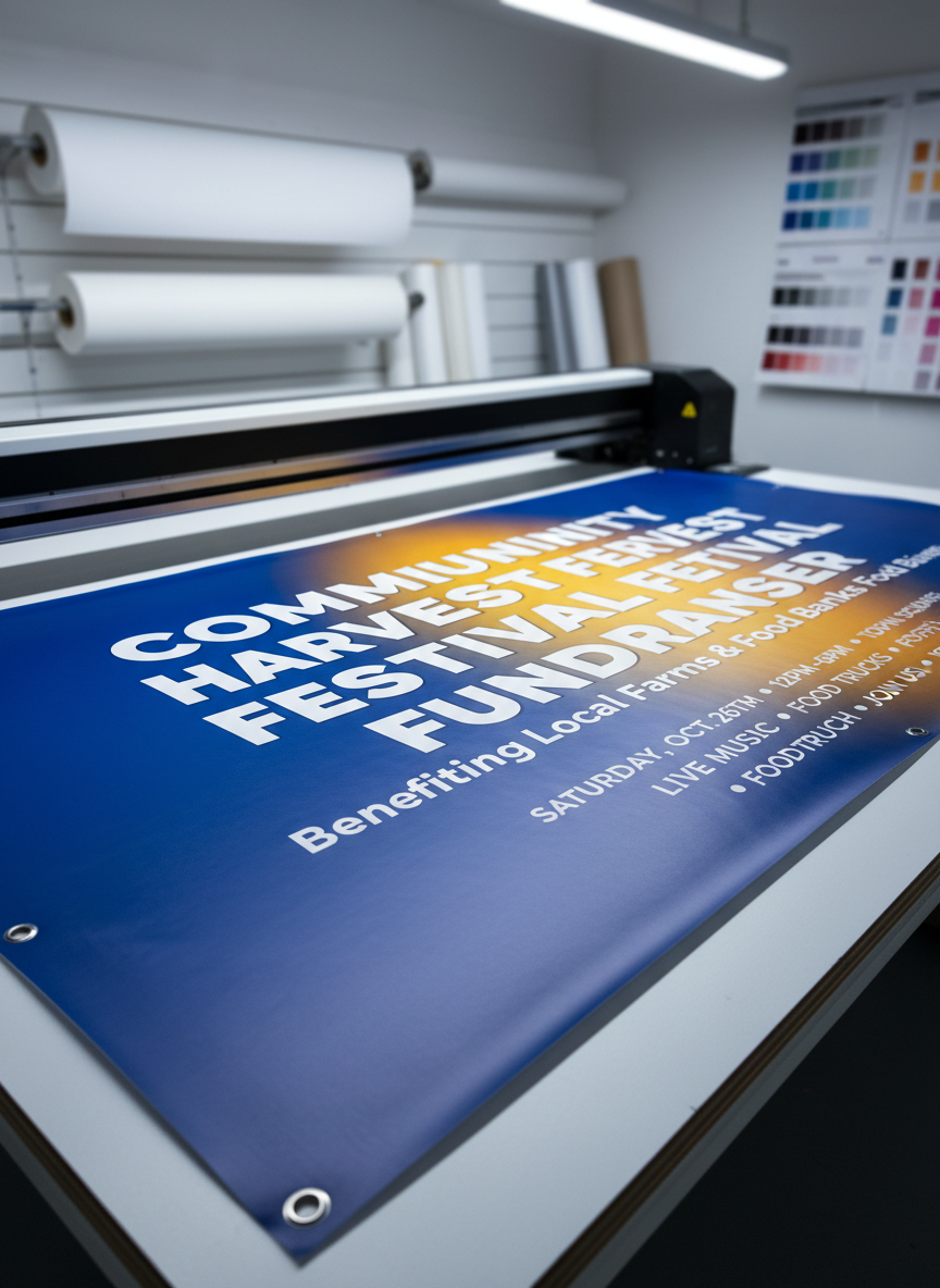 A community event banner stretched taut across a large-format printer output table, printed on durable, slightly textured vinyl with vibrant, accurate colors and crisp, legible typography promoting a local fundraiser. The banner edges are reinforced with neatly placed metal grommets that catch subtle highlights. Behind it, rolls of various banner materials and color swatch books rest on wall-mounted shelves, softly out of focus. Even, cool-toned studio lighting from above and behind creates a professional, neutral environment, minimizing harsh shadows and emphasizing the smooth ink coverage. Captured from a low, side angle that runs parallel to the banner’s length, the perspective guides the eye along the printed message, conveying scale, craftsmanship, and readiness for community impact in a realistic photographic style.