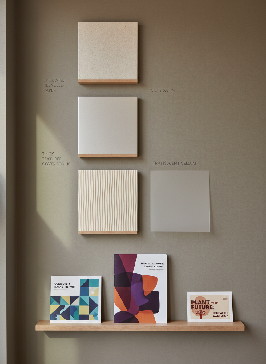A small, carefully curated sample wall in a print studio, featuring mounted swatches of different paper stocks labeled with subtle, debossed tags: uncoated recycled paper, silky satin, thick textured cover stock, and translucent vellum. Below, a narrow floating shelf holds a concise row of printed pieces for mission-driven clients: a compact booklet, a donor report, and a campaign postcard, each with clean, modern design and rich color. Soft, indirect daylight from an adjacent window washes the neutral wall in a gentle gradient, with faint shadows adding depth. Photographed straight-on with sharp focus throughout, the composition feels calm, orderly, and educational, highlighting choice and customization in a professional, photographic realism style ideal for showcasing capabilities to nonprofits and educational institutions.